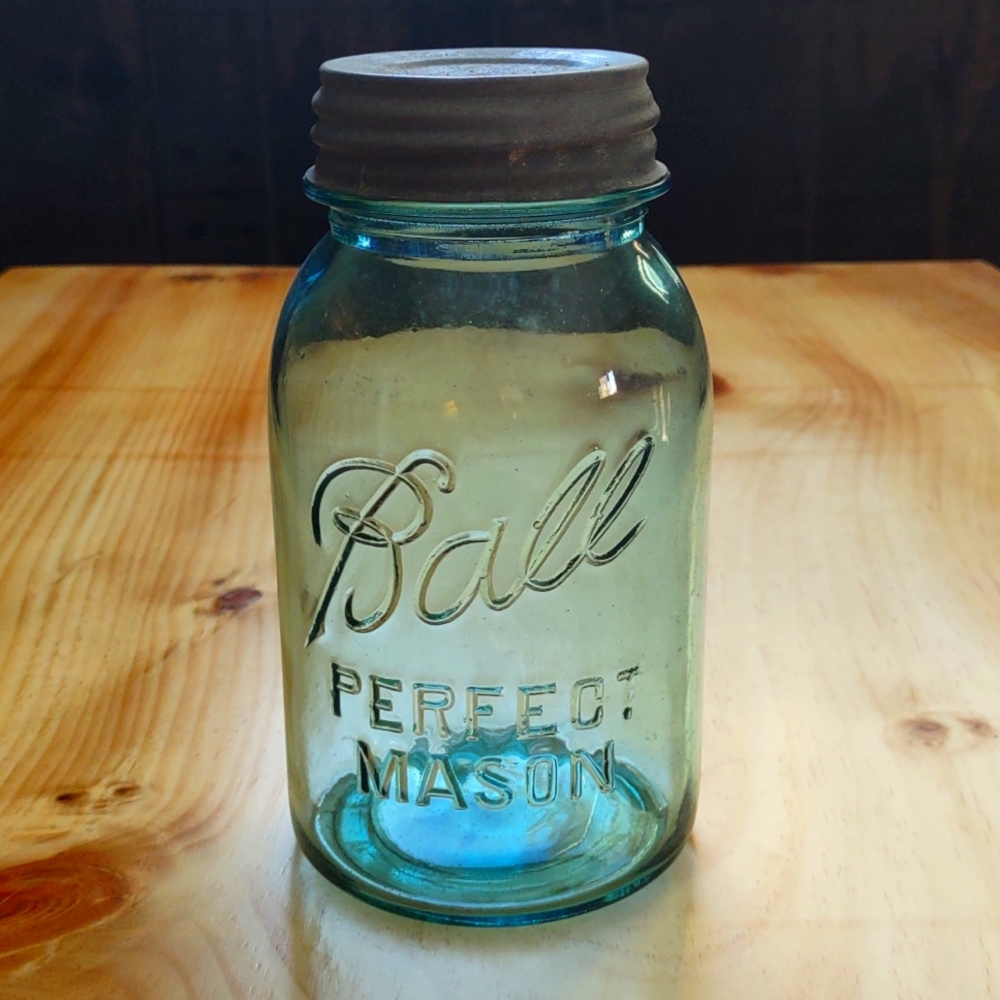 Blue Antique, Ball Jar, Perfect Mason, With Zinc Lid, Quart size.